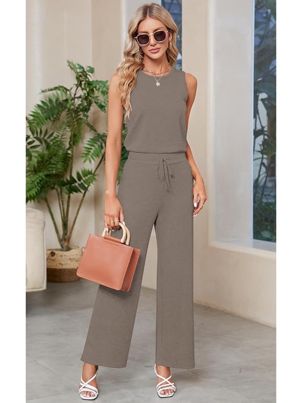 [Sarin Mathews] Coffee Gray Air Essentials Sleeveless Wide Leg Jumpsuit Size XXL